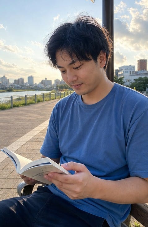 川辺で読書の作例